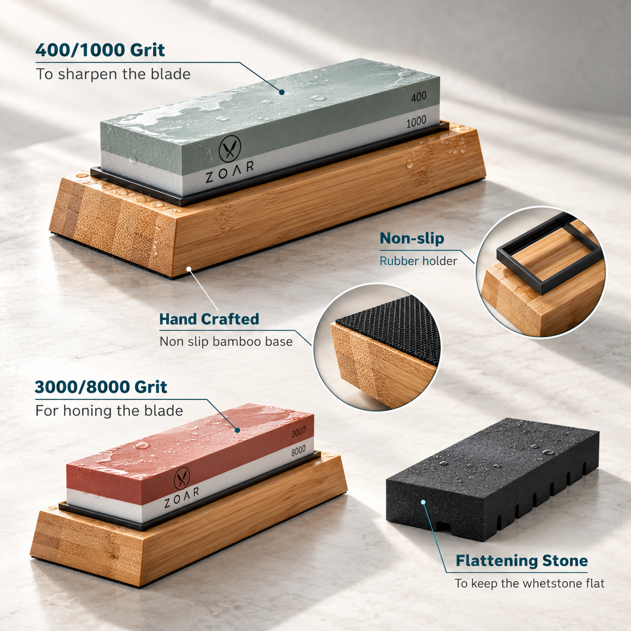Labelled Zoar set: 400/1000 and 3000/8000 stones on bamboo bases, non-slip rubber holder, hand-crafted bamboo base and flattening stone