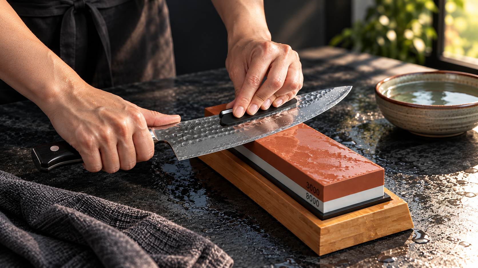 A knife sharpened on a Zoar whetstone set in a bamboo base, with a bowl of water nearby